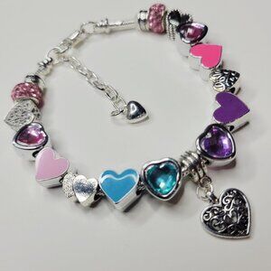 NWT Pandora Charm Bracelet All Hearts Pink Purple Blue Silver Rhinestones L XL